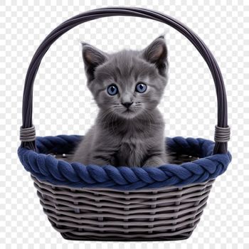 A transparent PNG file featuring a whimsical basket containing a kitten.