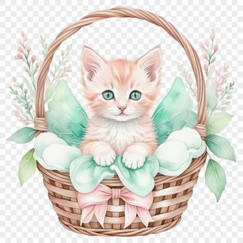 A high-resolution PNG image of a cute kitten sitting in a basket.
