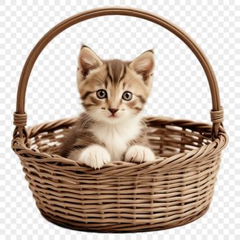 A digital illustration of a kitten sitting in a wicker basket with a clear background.