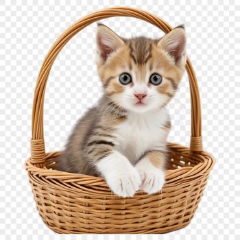 A clear transparent PNG image of a kitten in a colorful basket.