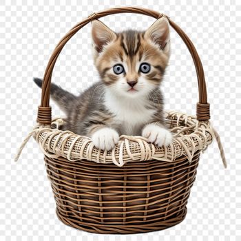 A transparent kitten sitting in a woven basket on a clear background.