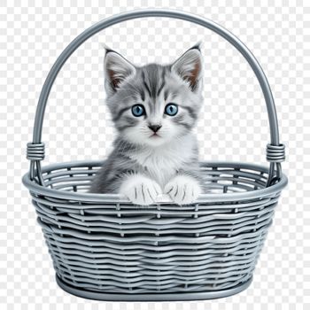 A transparent PNG image featuring a cute kitten sitting in a woven basket.
