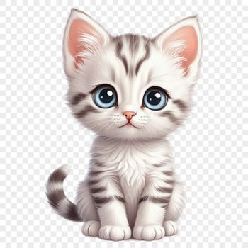 A high-resolution transparent PNG image of a cute grey kitten with a clear background.