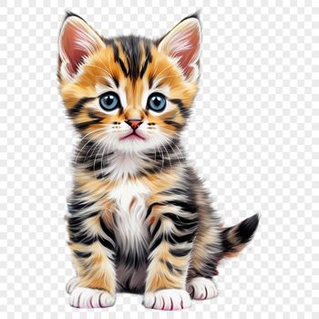 A small grey and white kitten sitting on a surface with a clear background.