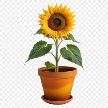 A high-resolution transparent PNG image of a large sunflower in a flower pot.