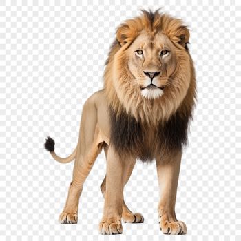 A high-resolution transparent image of a lion in a clear background.
