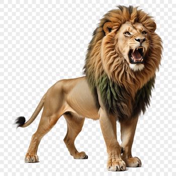 A large male lion with a shaggy mane standing in a savannah landscape.