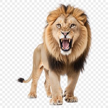 A large African lion with a tawny coat and shaggy mane, set against a clear background in high resolution PNG format.
