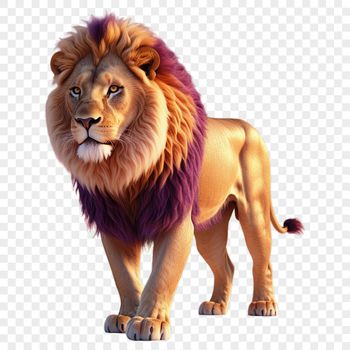 A large male lion with a golden mane, set against a clear background.