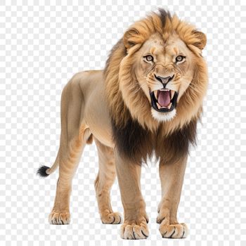 A large, yellow lion with a shaggy mane in the savannah.