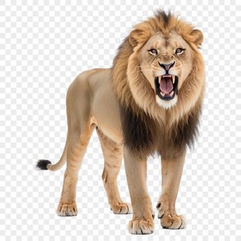 A large male lion with a tawny coat stands in front of a clear background, suitable for print and digital use.