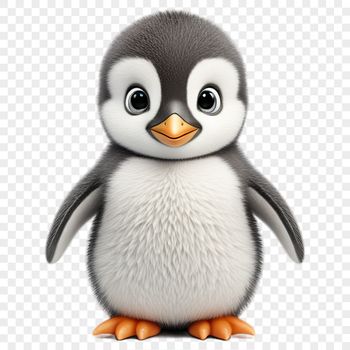A small penguin chick standing on its feet, with a clear background.