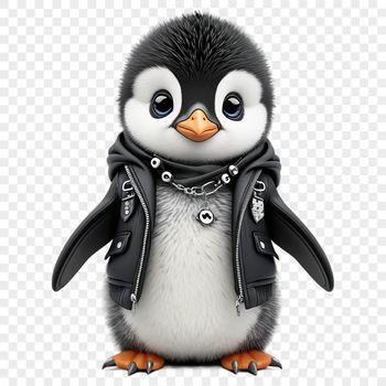A small penguin chick standing on its feet, with a fluffy coat and big eyes.