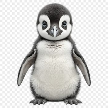 A high-resolution transparent image of a cute baby penguin with a clear background.
