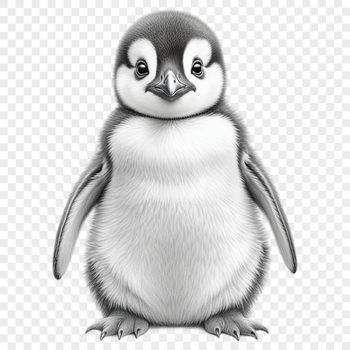 A small, fluffy penguin chick standing on a rock or ice.