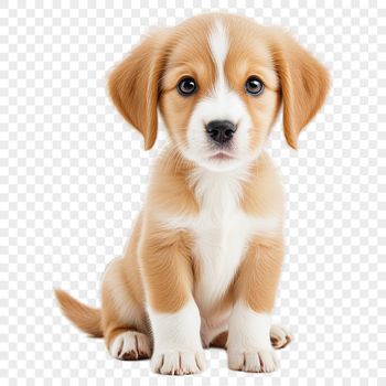 A cute small dog with a fluffy coat sitting on the ground.