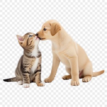A cute illustration of a puppy and kitten playing together on a transparent background.