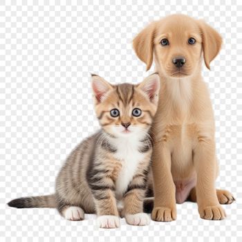 A playful puppy kitten sitting together on a transparent background.