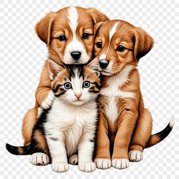 A cute illustration of a dog and cat companionship in transparent PNG format.