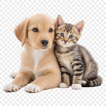 A transparent PNG image featuring a cute puppy kitten combination.