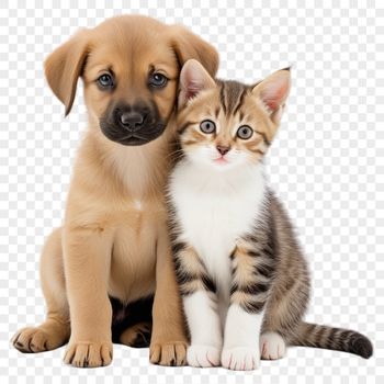 A high-resolution png image of a playful puppy kitten combination, suitable for commercial use.