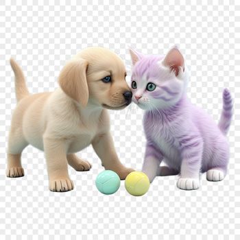 An adorable puppy and kitten duo in a high-resolution PNG format for commercial or personal use.