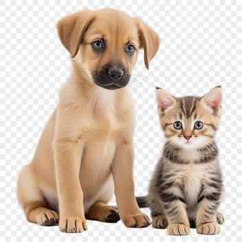 A high-resolution PNG image of a adorable puppy kitten sitting together.