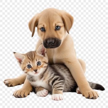 Close-up illustration of a puppy and kitten playing together with clear details in high resolution.