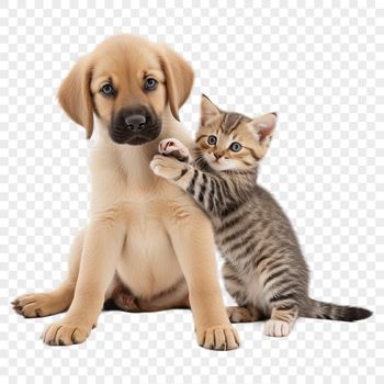 A playful puppy and kitten sitting together on a transparent background.
