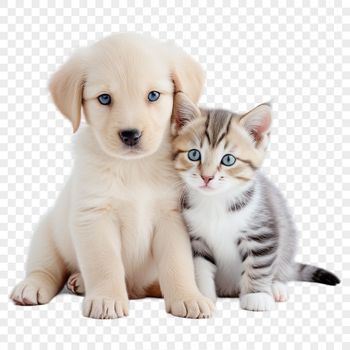 A playful mix of a puppy and kitten sitting together.