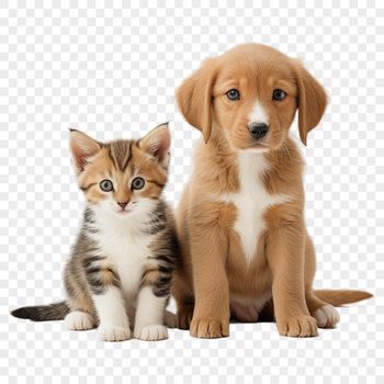 A high-resolution image of a puppy and kitten together on a transparent background.