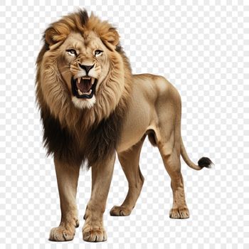 A close-up of a majestic lion's face with a clear background.