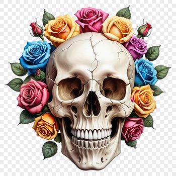 A transparent PNG image of a detailed floral-patterned skull with a clear background.