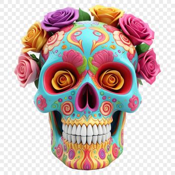 A transparent PNG image of a stylized skull with a clear background.