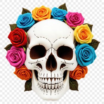 A detailed illustration of a skull with a floral pattern etched into its surface.