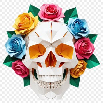 Close-up of a stylized skull with floral patterns and intricate details against a transparent background.