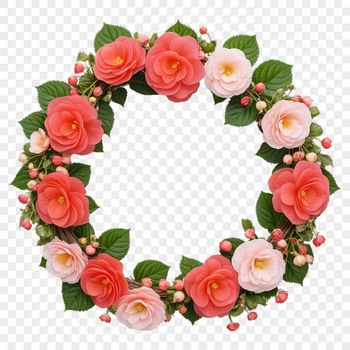 A floral wreath made up of various flowers and foliage in high resolution.