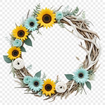 A high-resolution floral wreath composed of sunflowers with a clear background, suitable for printing or digital use.