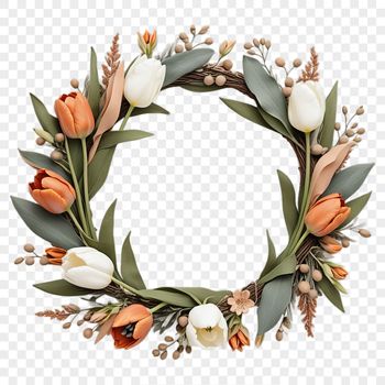 A floral wreath made up of various flowers and foliage arranged in a circular shape.