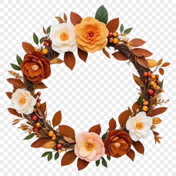 A high-resolution floral wreath made up of various flowers in a circular arrangement on a transparent background.