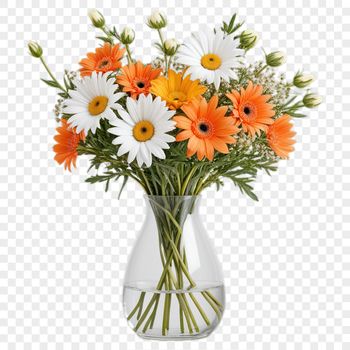 A colorful bouquet of flowers with varying petal shapes and colors arranged together on a transparent background.