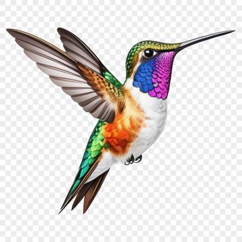 A colorful hummingbird perched on a flower, high-resolution transparent PNG image.