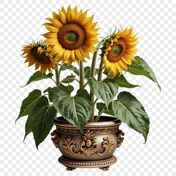 A large, high-resolution transparent PNG image of a single sunflower in a flower pot.