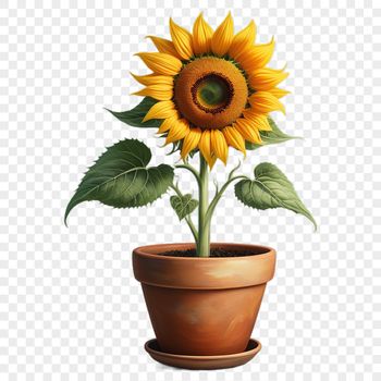 A high resolution transparent PNG image of a single sunflower in a flower pot.