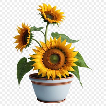 A large sunflower plant in full bloom standing tall in a flower pot on a clear background.