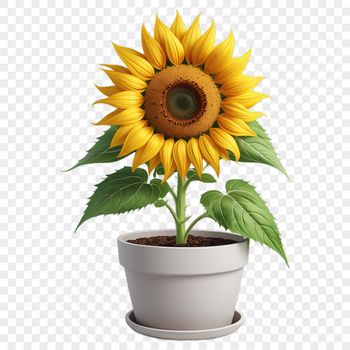 A large, high-resolution image of a single sunflower in a flower pot against a clear background.