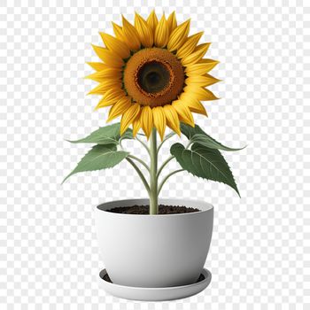 A high-resolution PNG image of a single sunflower in full bloom, set against a clear transparent background.