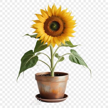 A close-up of a bright yellow sunflower with dark center in a clear background.