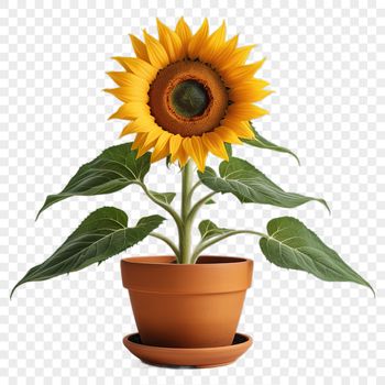 A bright yellow sunflower with large petals and a tall stem in a simple flower pot on a clean background.