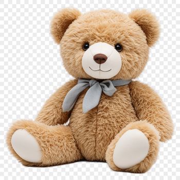 A high-resolution transparent image of a cuddly teddy bear against a clear background.